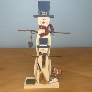 Wooden Snowman And Child Figurine Painted Statue Holiday Home Décor 11” Tall